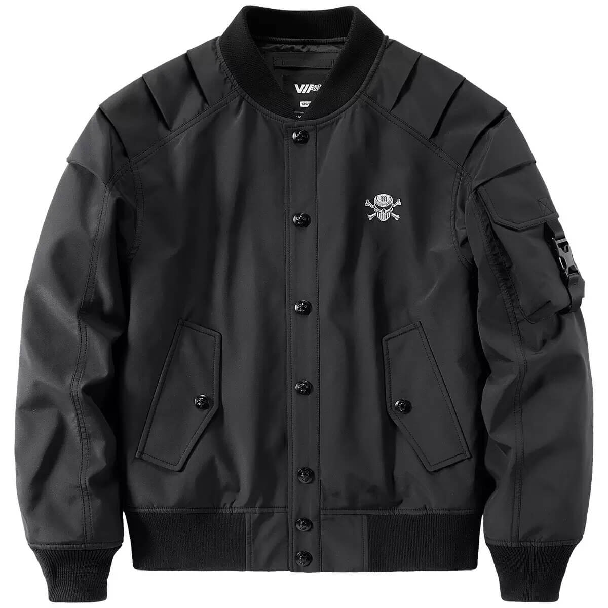 Black skull embroidery bomber jacket for men with military-inspired design and zipper closure.