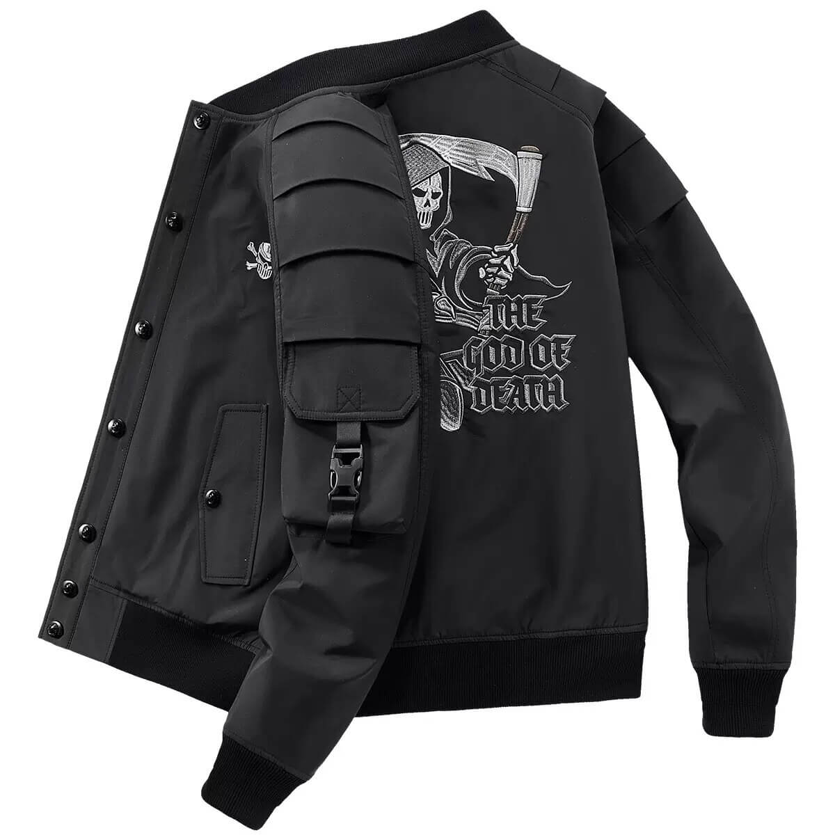Skull embroidery bomber jacket for men with military design and zipper, showcasing rebellious style.