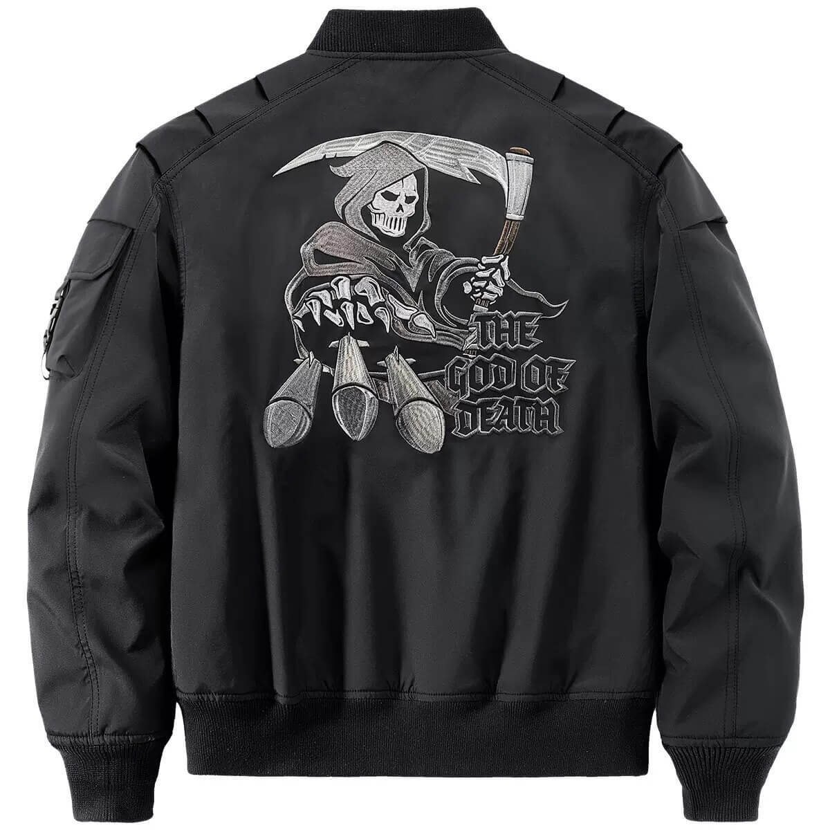 Skull embroidery bomber jacket for men, featuring a grim reaper design and bold lettering on the back.