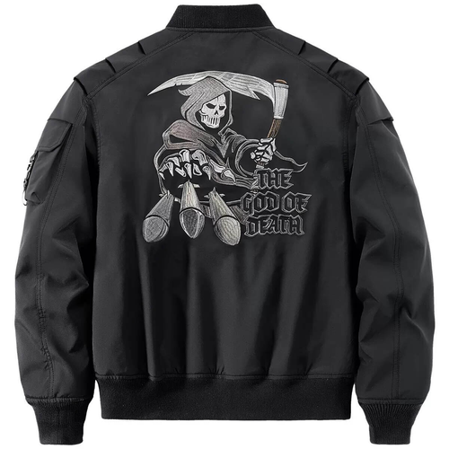 Bomberjacke mit Totenkopf-Stickerei für Herren / schwarze Militärjacke mit Reißverschluss