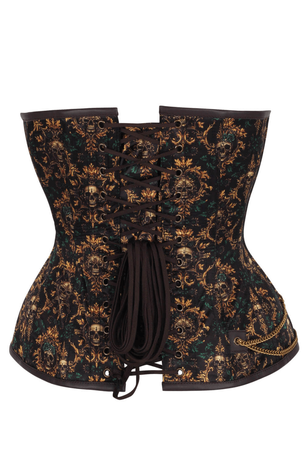 Alt Tag: Skull Floral Overbust Steampunk Gothic Corset with vintage damask skull print, steel-boned shape, lace-up front, chain pouch detail