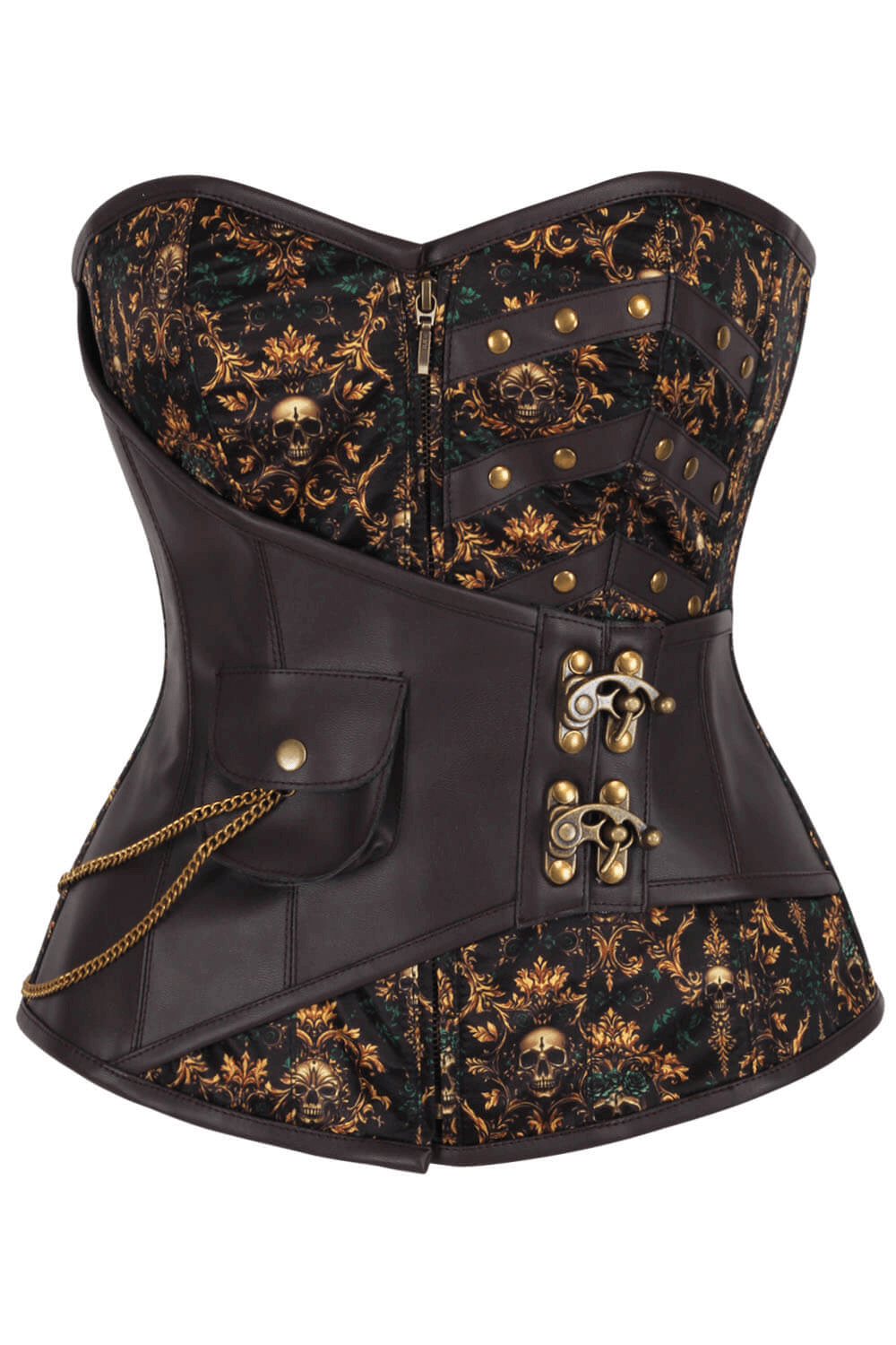 Alt Tag: Skull Floral Overbust Steampunk Gothic Corset with gold damask skull print, steel boning, faux leather panels, rivets & chain pouch