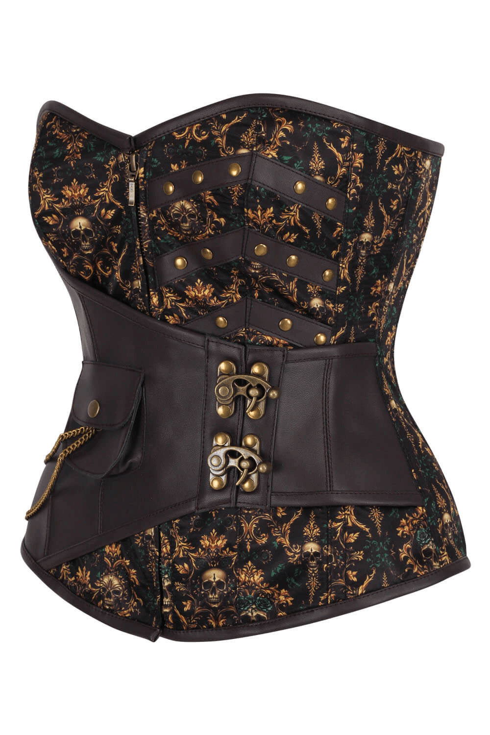 Alt Tag: Skull Floral Overbust Steampunk Gothic Corset in black damask with gold skulls, steel boning, faux leather panels, rivets, and chain pouch