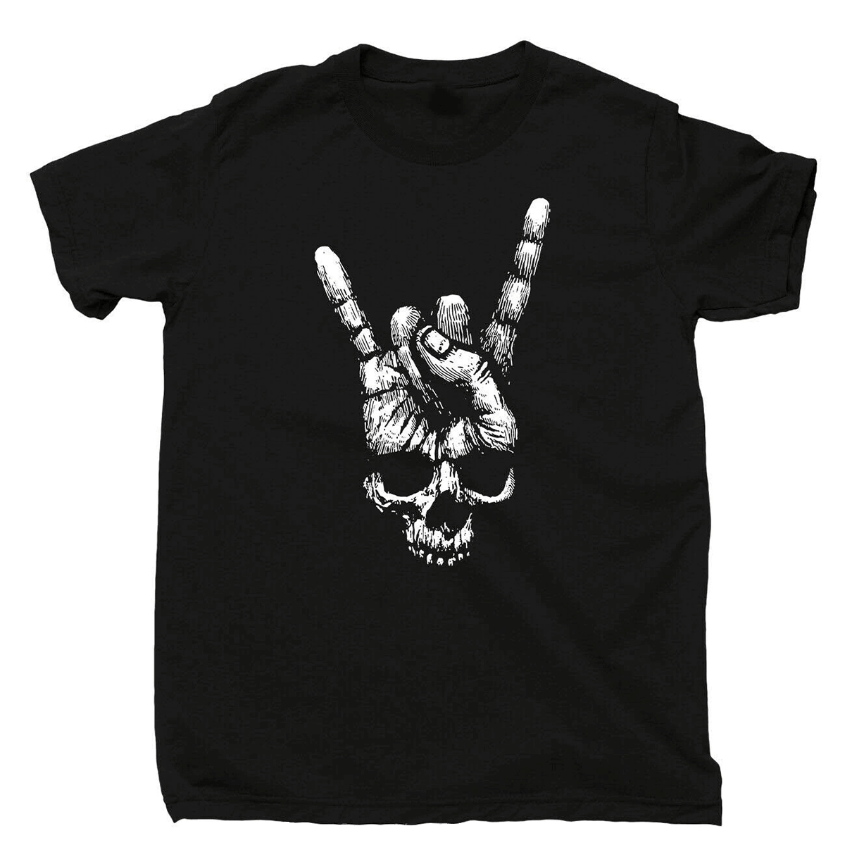 Skull Hand Sign Of The Horns T-Shirt / Rock Style Black Cotton T-shirt - HARD'N'HEAVY
