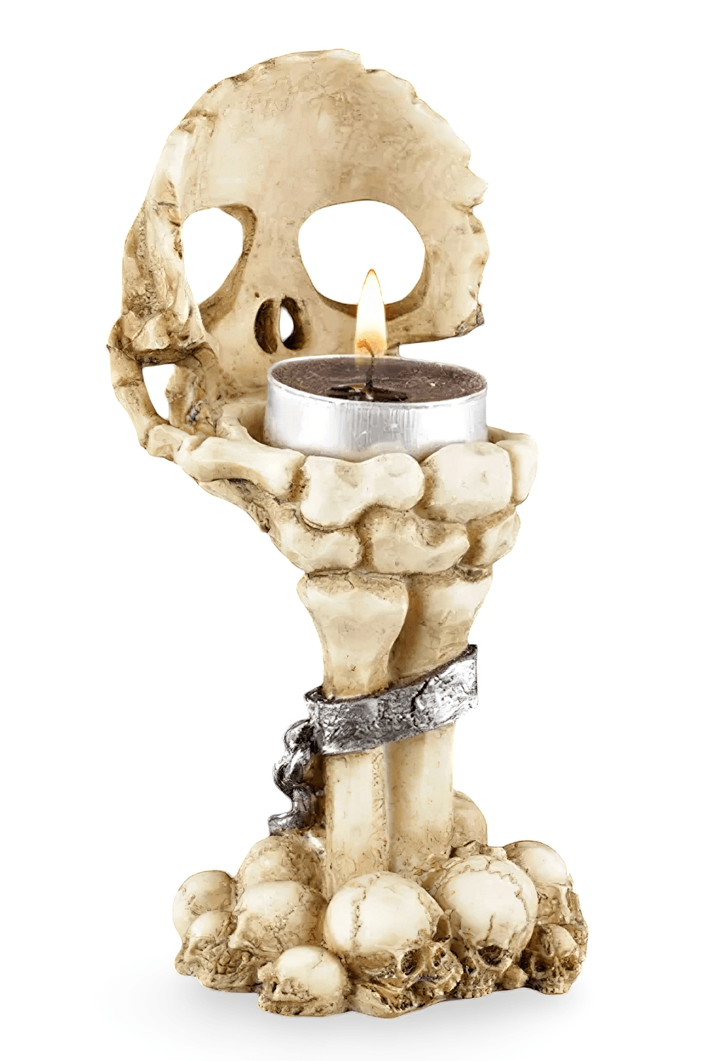 Skull Hand Tealight Holder for Gothic Halloween Decor, resin horror candle stand with spooky bone design.