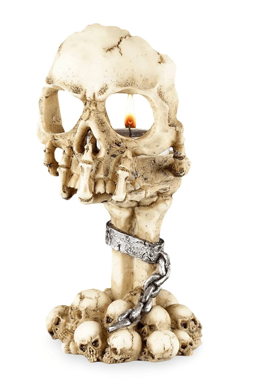Skull Hand Tealight Holder for Gothic Halloween Decor with spooky skull and chained bone detail.