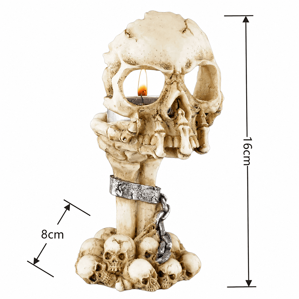Skull Hand Tealight Holder for Gothic Halloween Decor showcasing a skeletal hand and skull for spooky ambiance.