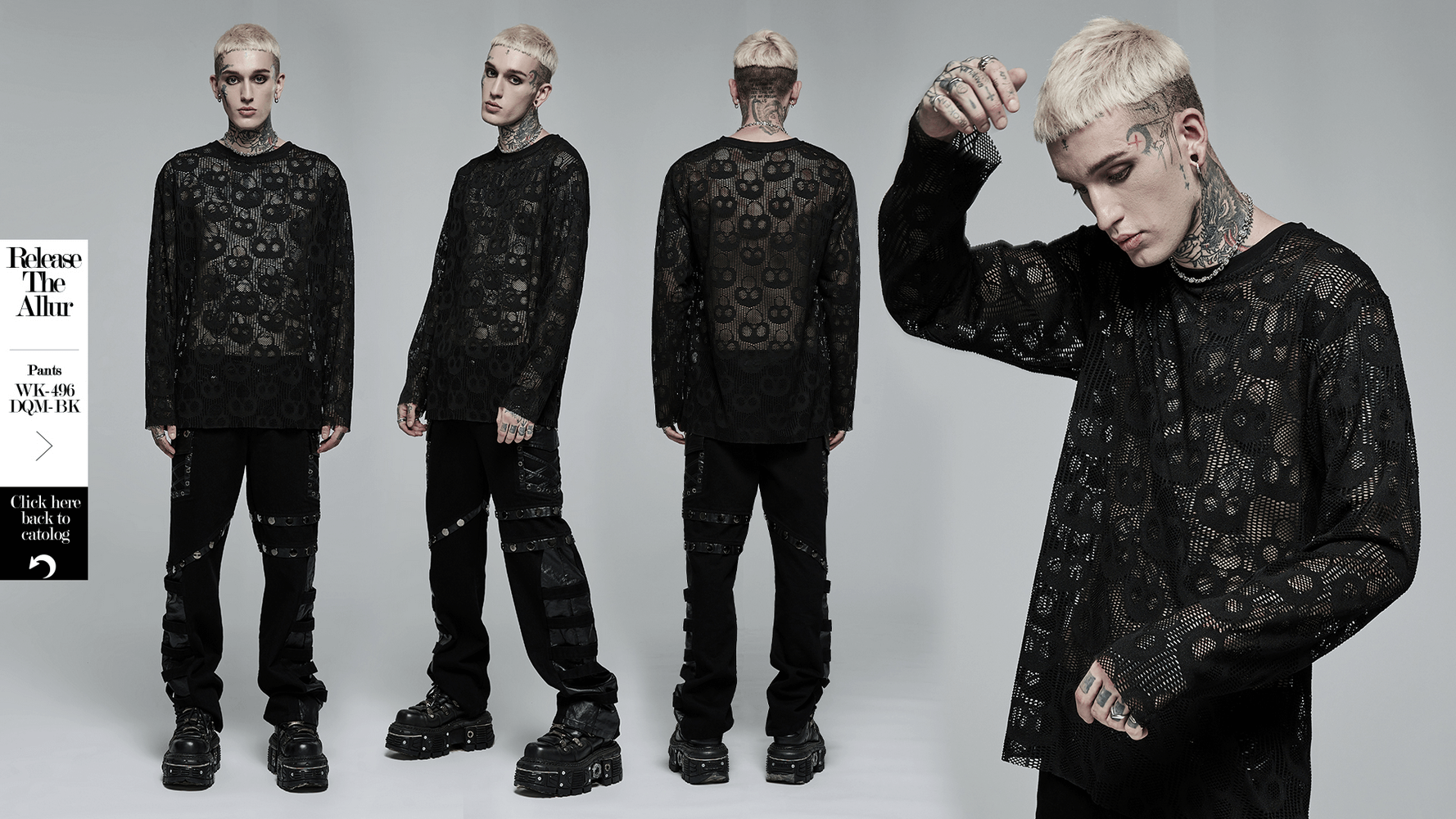 Punk style long sleeve top featuring skull mesh design, paired with edgy black pants for a bold statement.