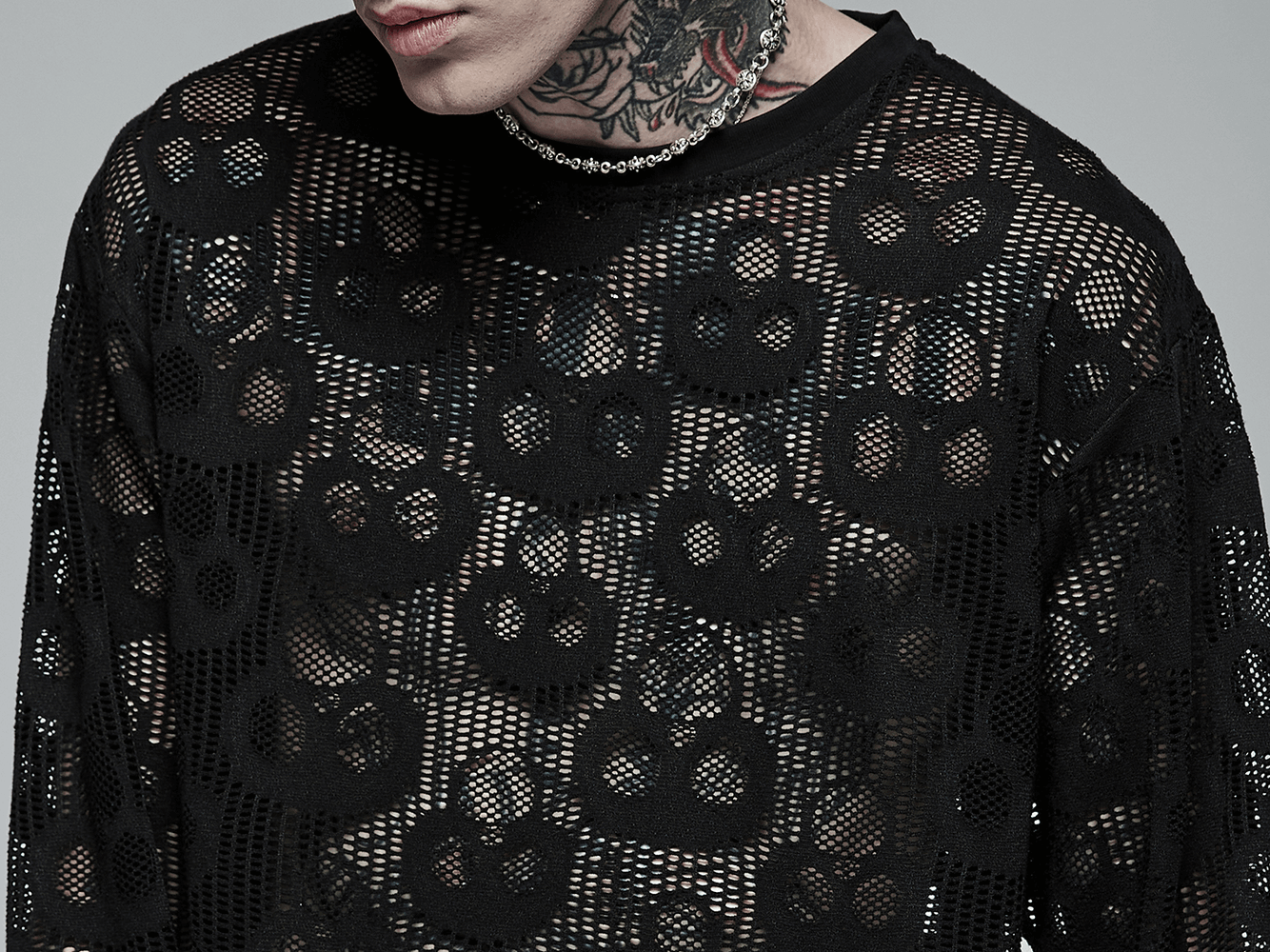 Men's skull mesh long sleeve punk top featuring a unique ghost head pattern, perfect for edgy daily style.