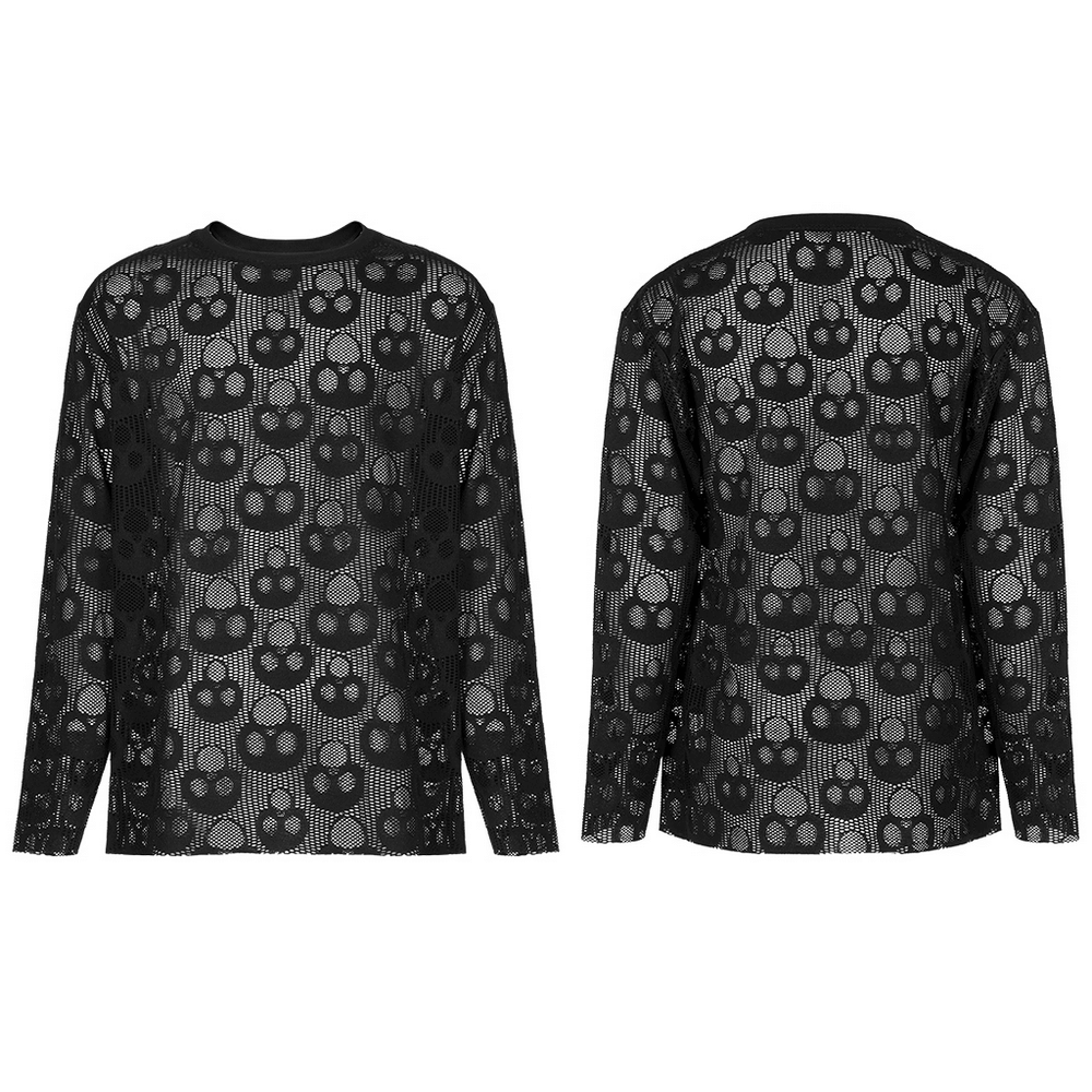 Skull mesh long sleeve top for men, featuring a unique ghost head pattern and a relaxed fit for punk style.
