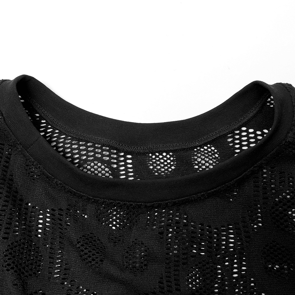 Close-up of the neckline of a black skull mesh punk long sleeve top for men, showcasing its unique texture.