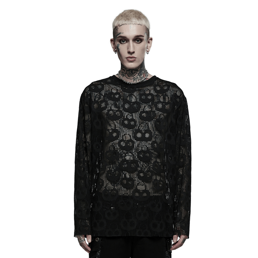Men's skull mesh long sleeve top in black, perfect for punk style and edgy layered looks.