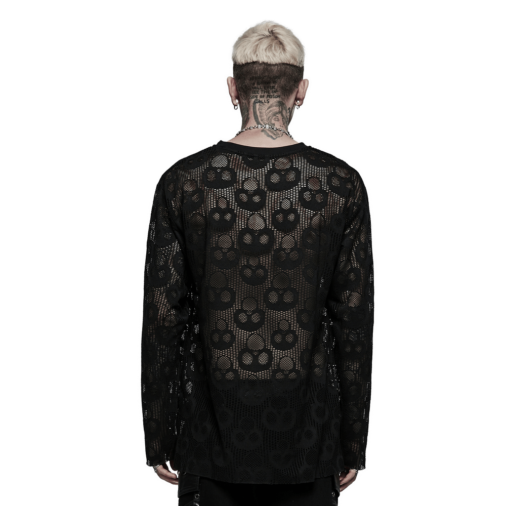 Back view of a black skull mesh long sleeve top for men, showcasing its punk style and unique ghost head pattern.