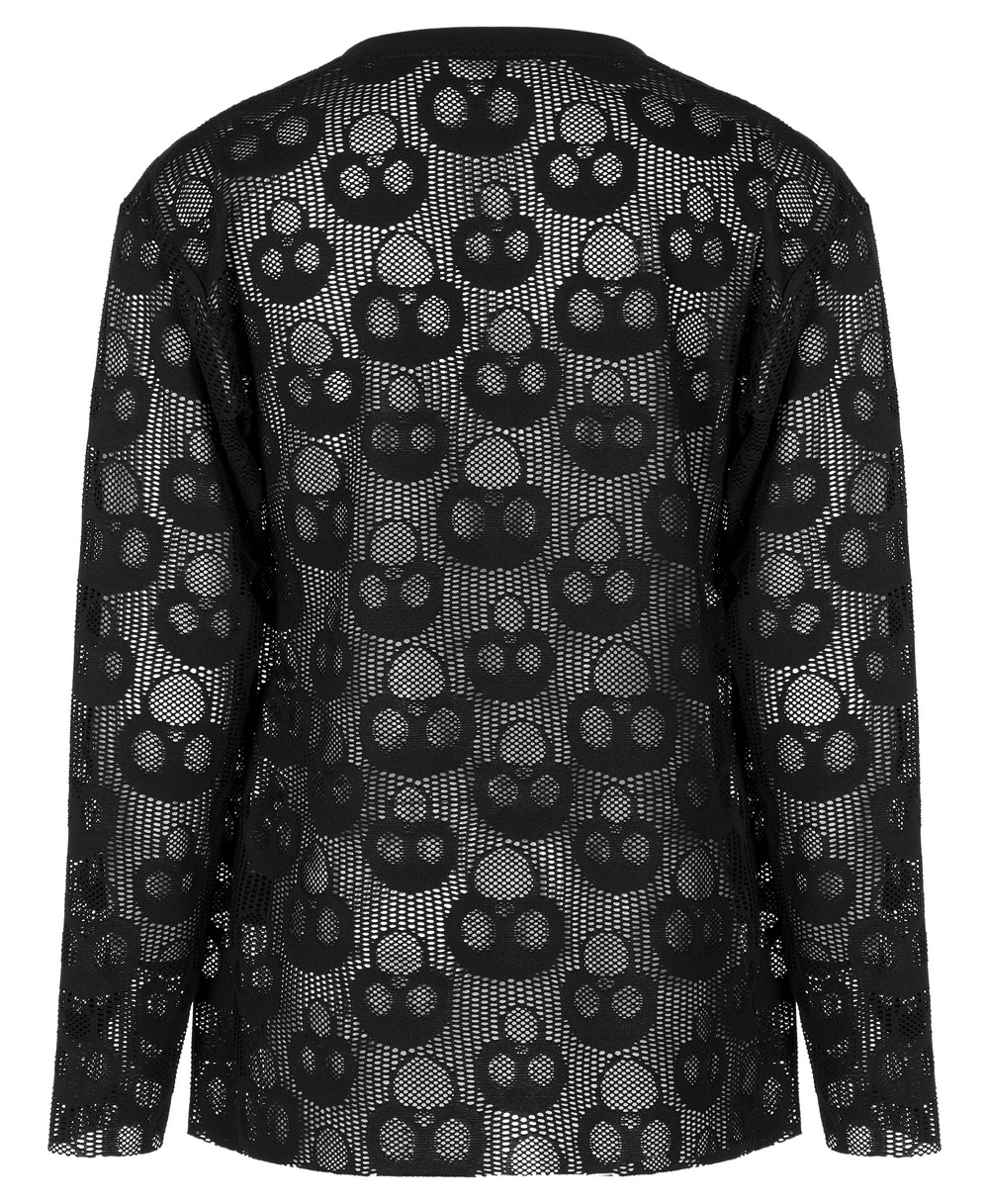 Back view of Skull Mesh Punk Layered Long Sleeve Top for men, featuring a unique ghost head mesh pattern.