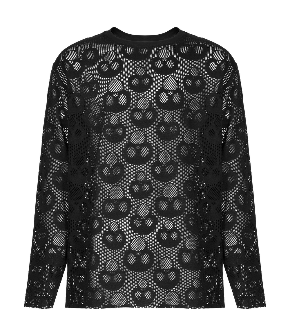 Black skull mesh long sleeve top with unique pattern for a punk style, perfect for layering and daily wear.