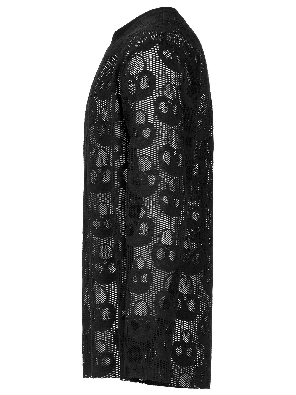 Side view of a black skull mesh long sleeve top for men, showcasing its unique punk style and loose fit.