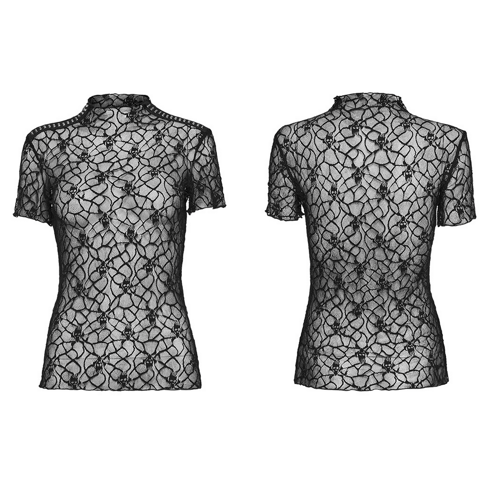 Edgy black skull mesh short sleeved punk T-shirt showcasing unique design and rebellious style.