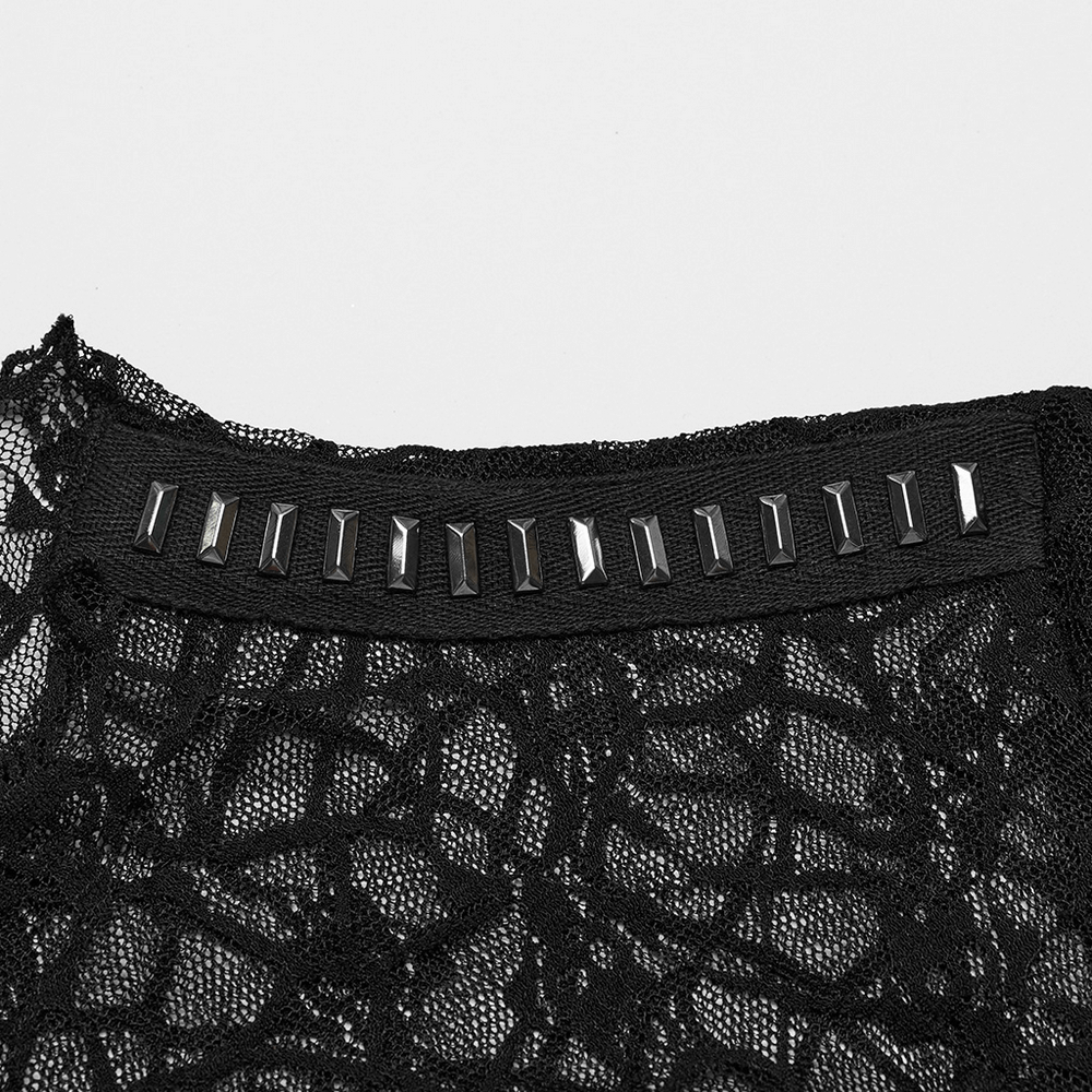Close-up of the skull mesh neckline with alloy webbing on a black punk t-shirt, showcasing edgy detailing.