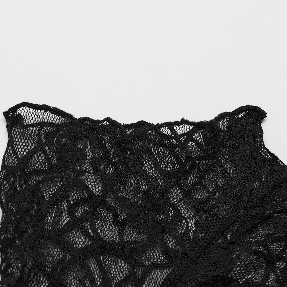 Close-up of black skull mesh fabric showcasing intricate lace details for punk women's fashion.