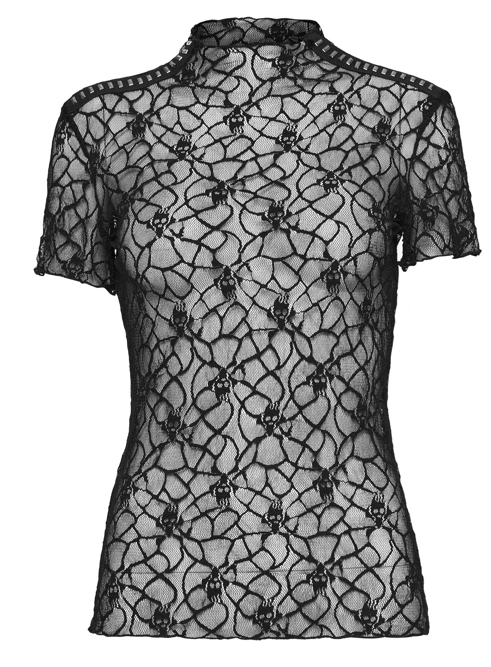 Skull mesh short sleeved punk t-shirt for women, featuring elastic skull design and square alloy webbing.