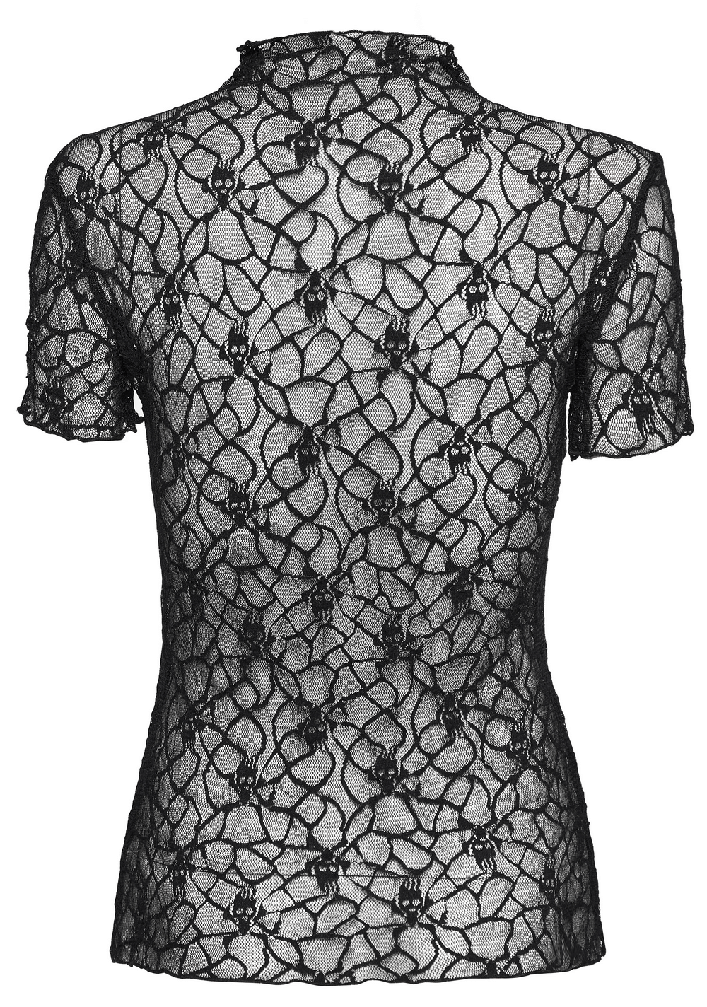 Back view of a black skull mesh short-sleeved punk T-shirt for women, featuring edgy spiderweb design.