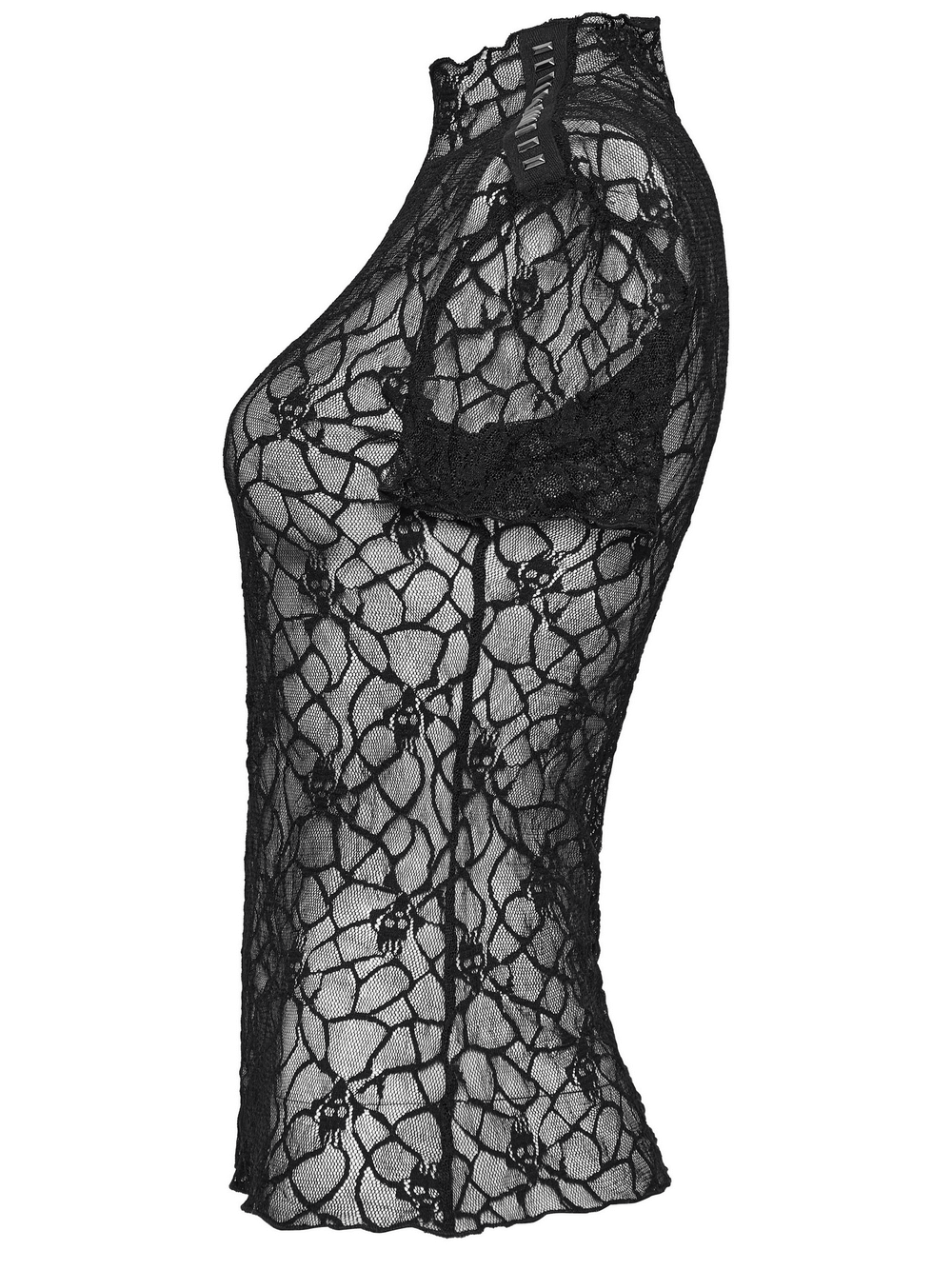 Edgy Skull Mesh Short Sleeved Punk T-Shirt for Women with unique design and alluring skull details.