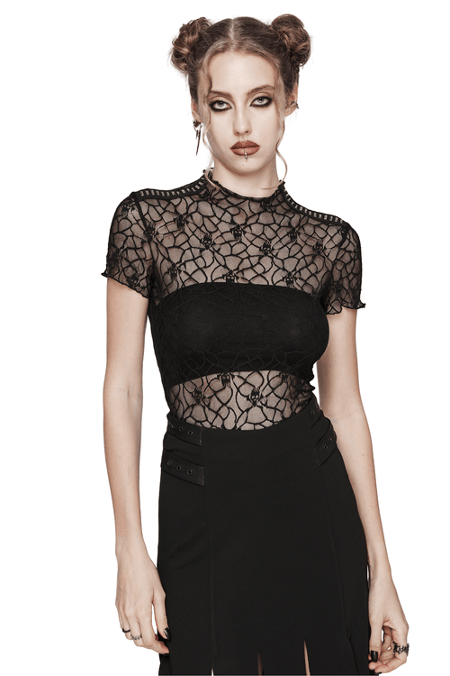 Skull Mesh Short Sleeved Punk T-Shirt for Women