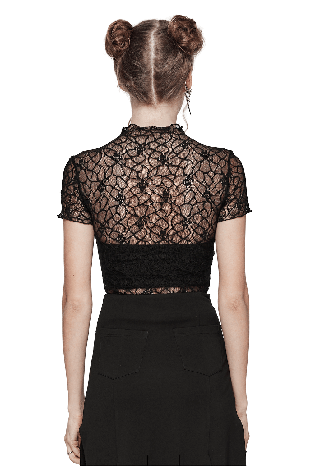 Back view of a stylish black mesh cropped top with intricate floral design, perfect for trendy outfits.