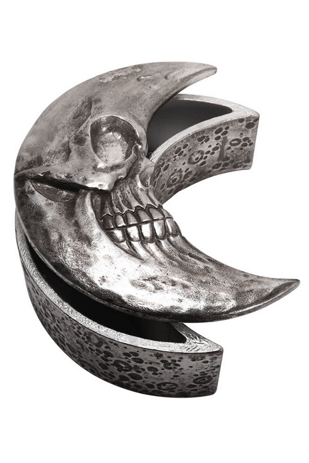 Gothic crescent moon jewelry box with skull face, perfect for storing trinkets and charms in an antique silver finish.