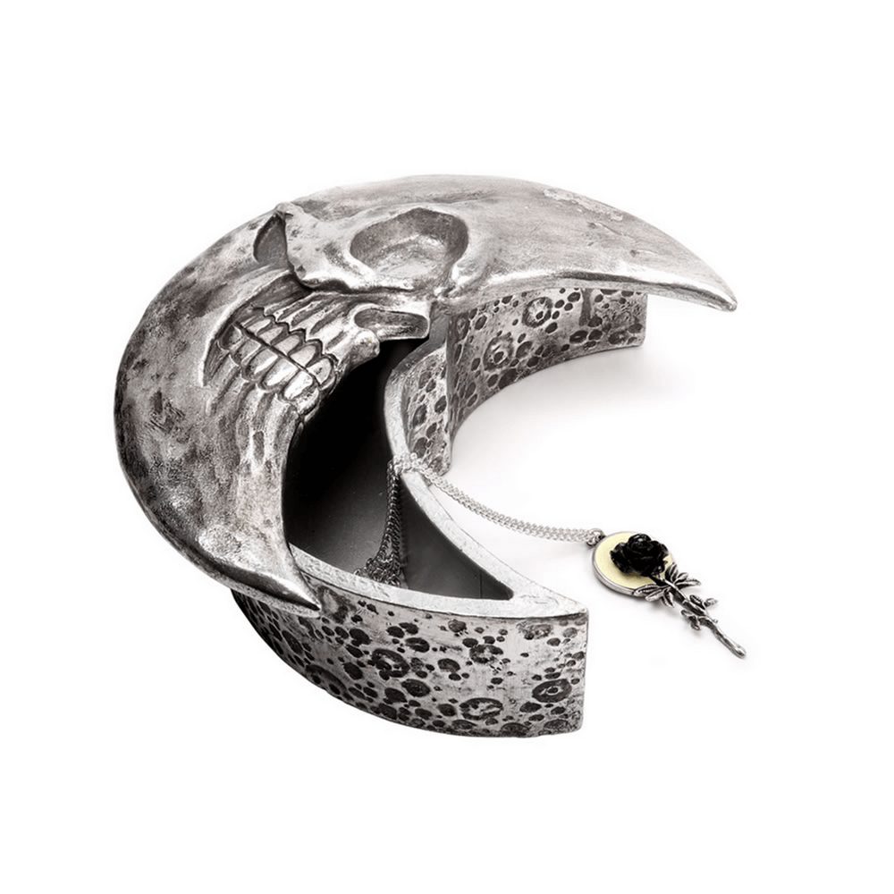 Gothic crescent moon jewelry box featuring a detailed skull, perfect for witches to store charms and talismans.