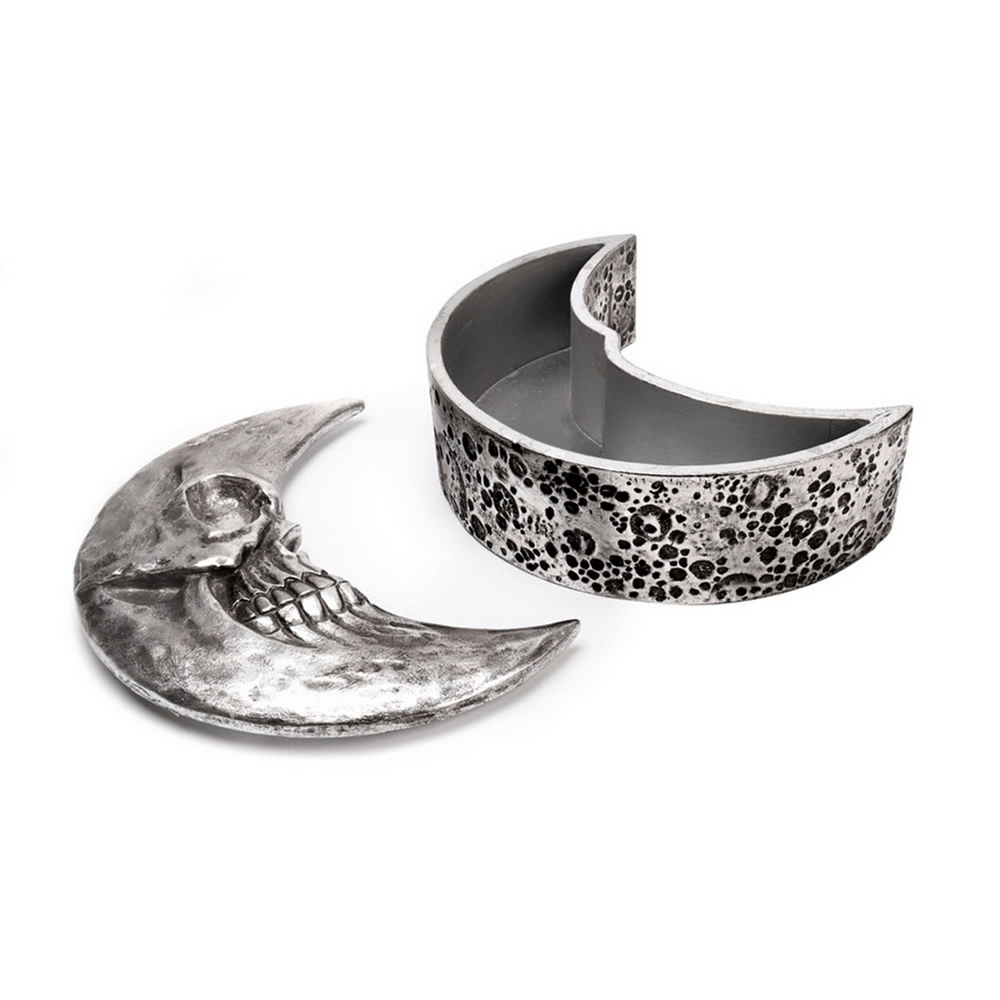 Gothic crescent skull jewelry box in antique silver, perfect for storing trinkets and treasures.