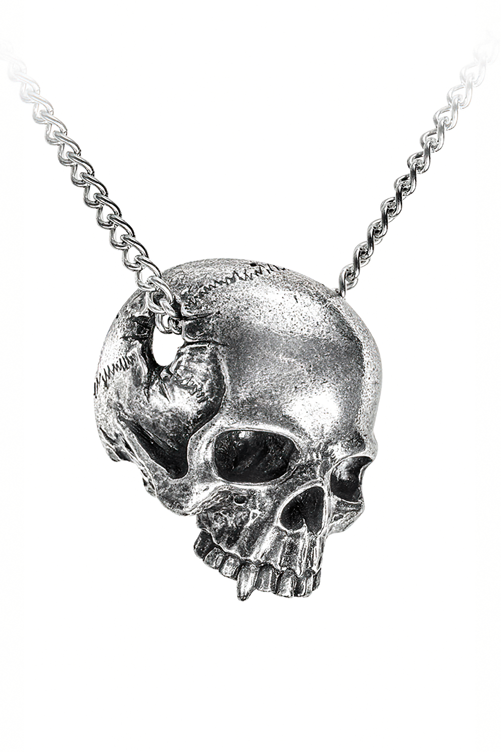 Vampire-inspired skull pendant necklace with curb chain, featuring a jawless skull and vampiric tooth.