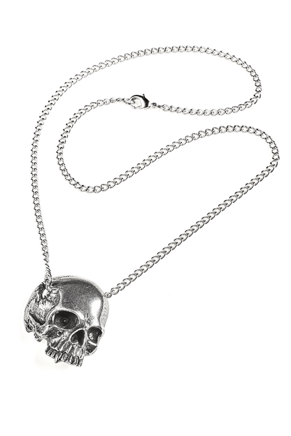 Vampire-inspired skull pendant necklace with curb chain, featuring a jawless skull and vampiric tooth.