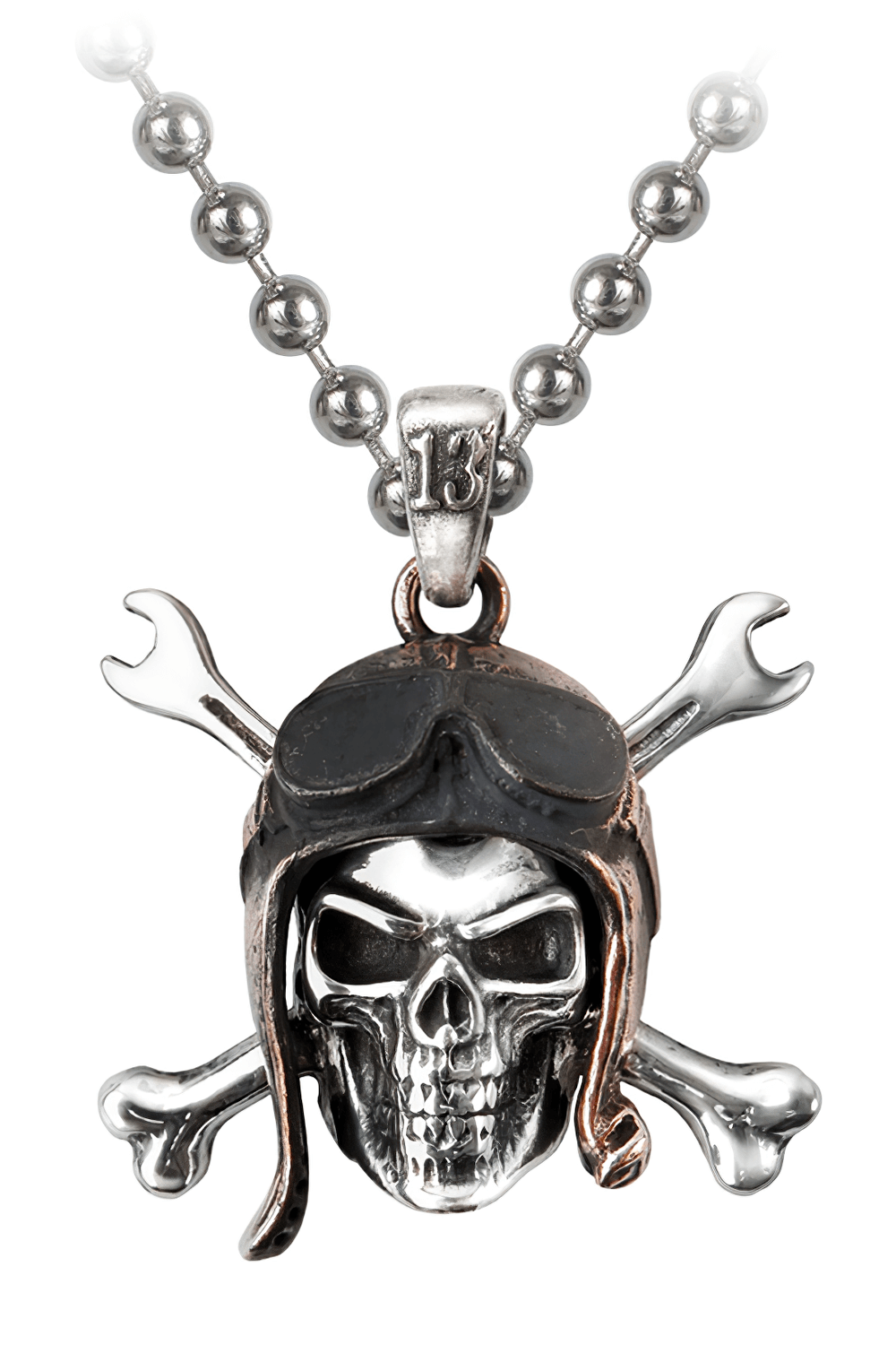 Skull Pilot Pendant with Crossed Spannerbones featuring a pewter skull in a pilot helmet and crossed tools.