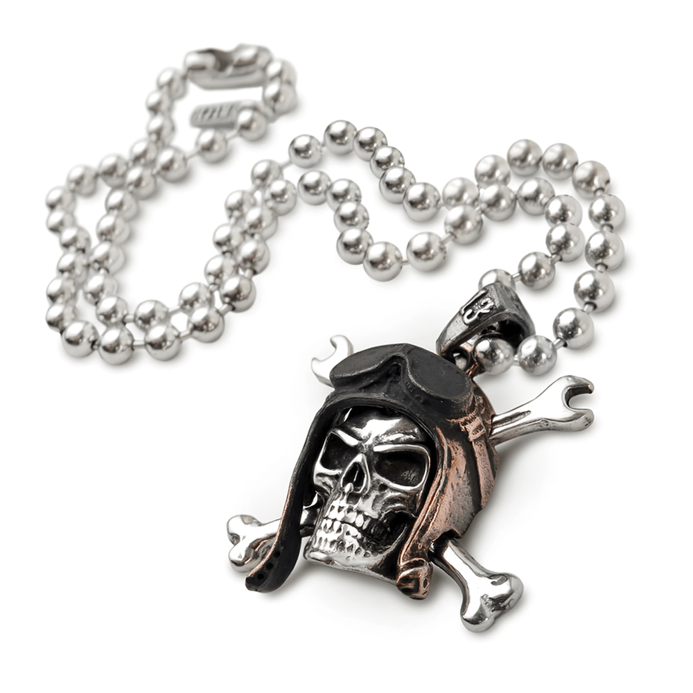 Skull Pilot Pendant with Crossed Spannerbones on a ball chain, showcasing a pewter skull in a pilot helmet.