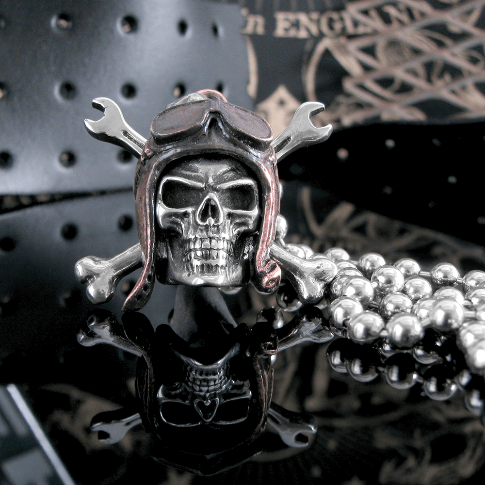 Skull Pilot Pendant with Crossed Spannerbones showcasing pewter skull in pilot helmet with spannerbones.