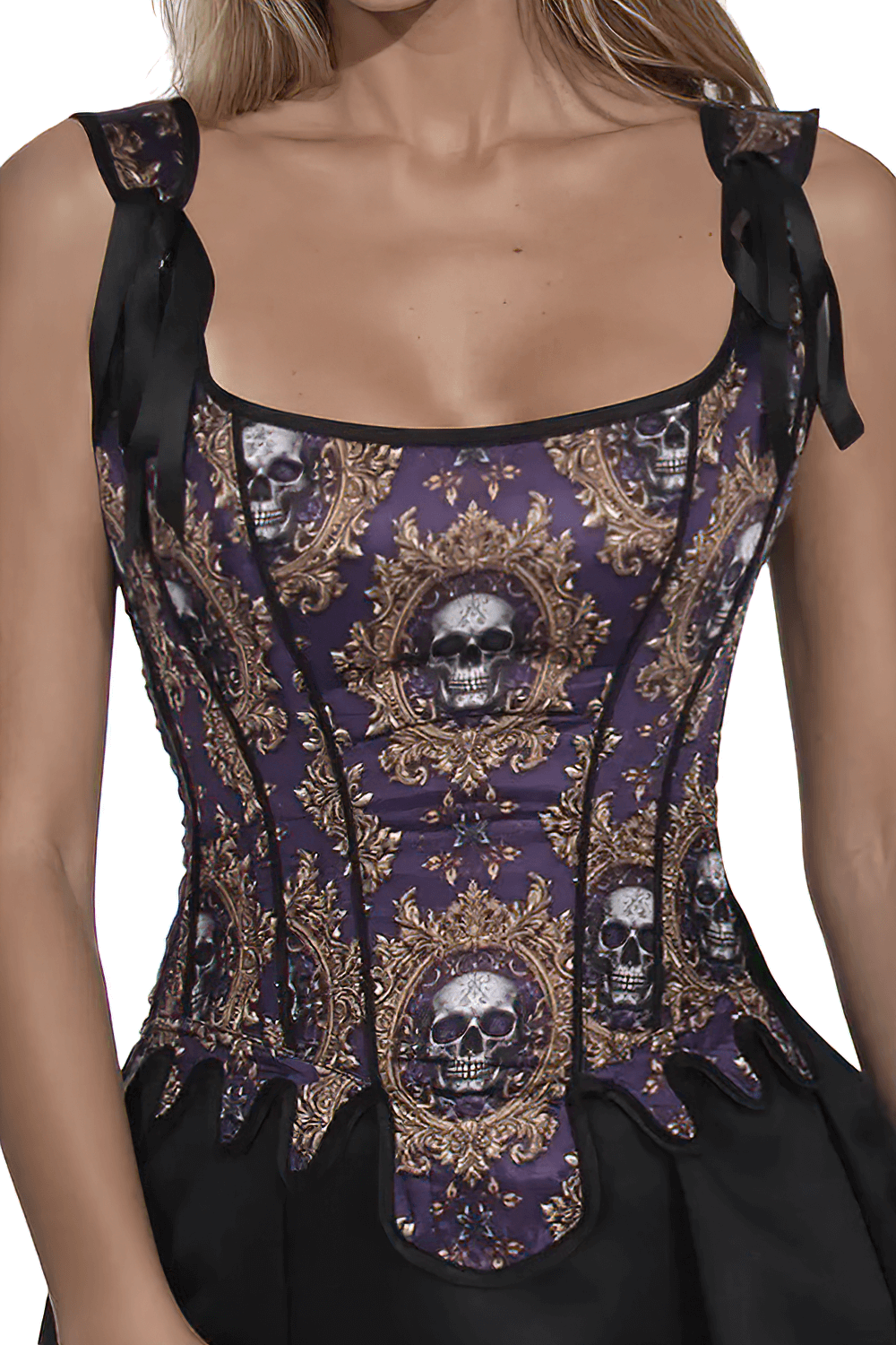 Skull print gothic corset featuring lacing and side zipper, perfect for edgy fashion lovers.