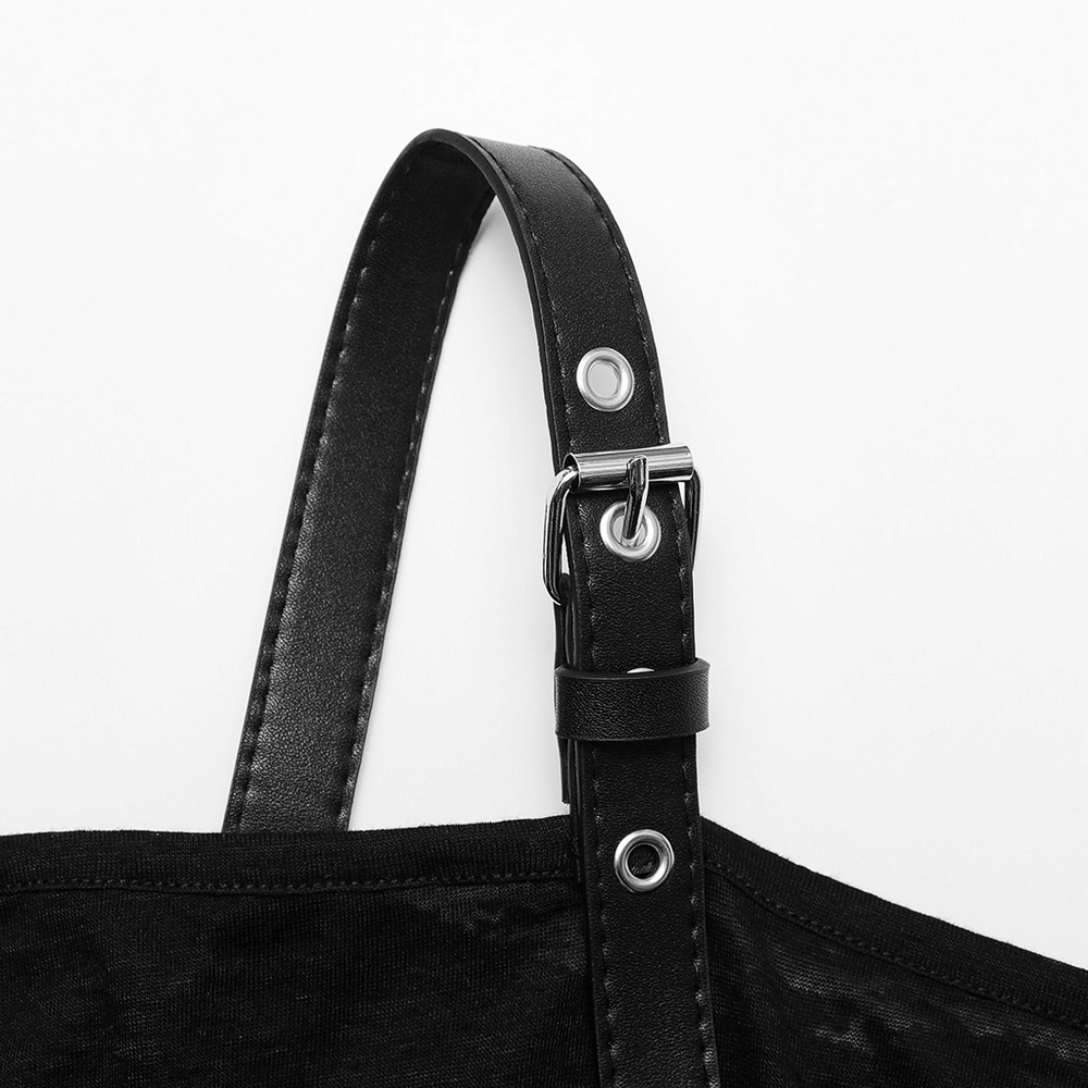 Close-up of a black leather strap with eyelet details on a stylish off-the-shoulder punk top.