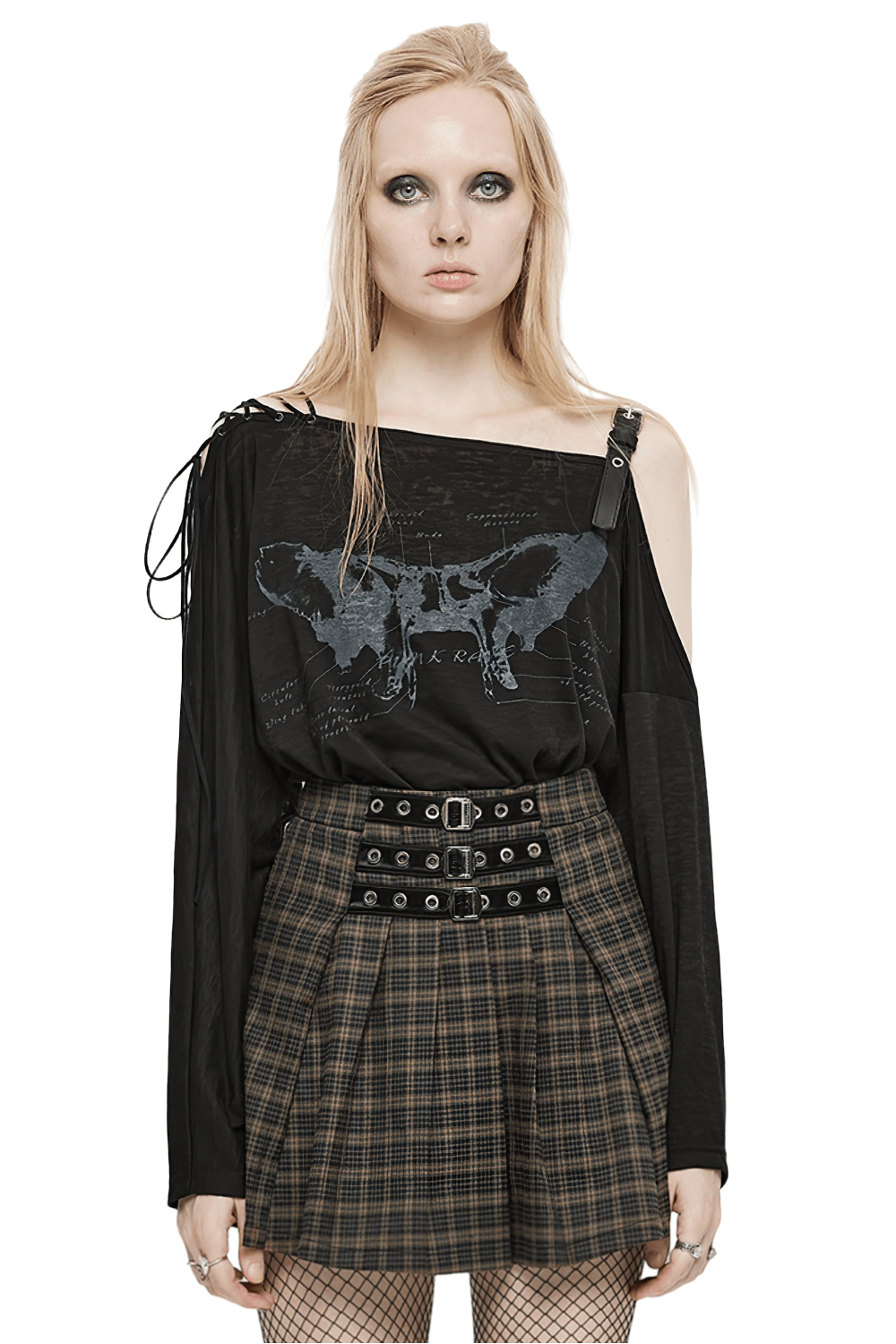 Stylish punk off-the-shoulder top with skull print and lace-up detail, paired with a plaid skirt for an edgy look.