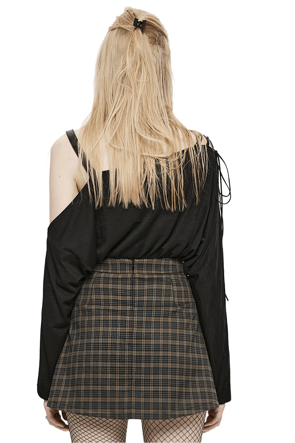 Back view of a trendy punk top with off-the-shoulder design paired with a plaid skirt, showcasing edgy style.