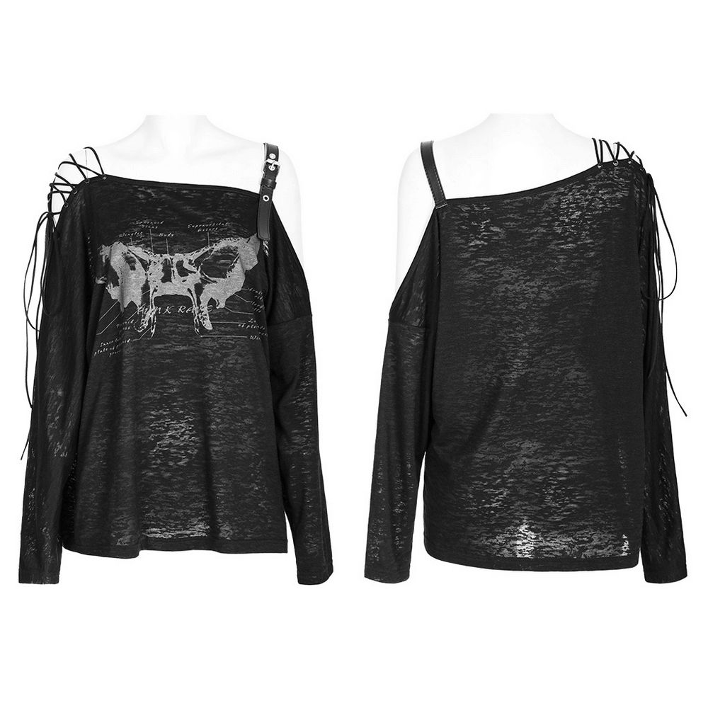 Stylish black long sleeve top with skull print and lace-up detail, off-the-shoulder design, and asymmetrical shoulders.