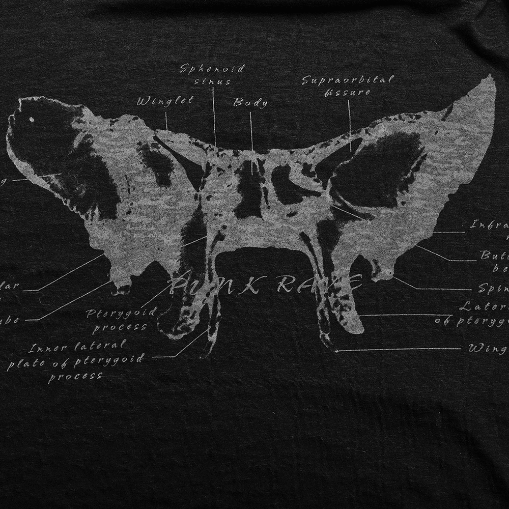 Skull diagram graphic print on black fabric showcasing anatomical details with punk style text.