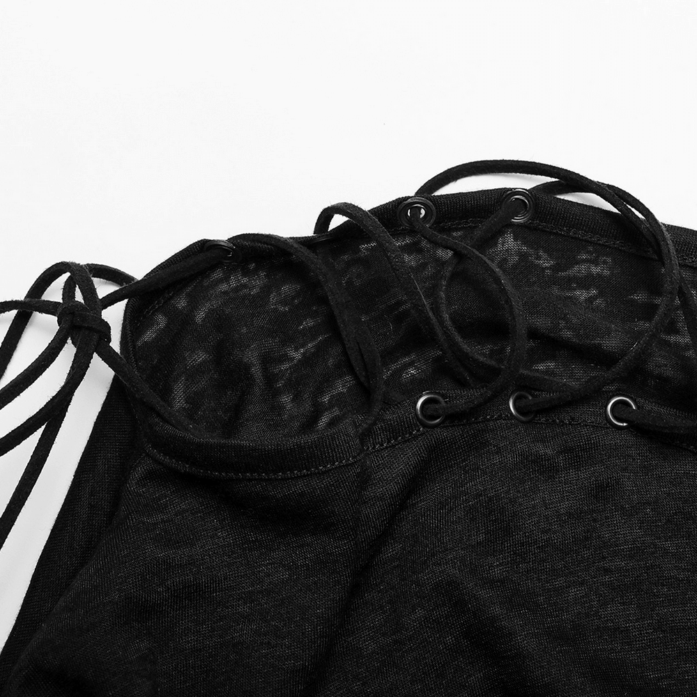 Close-up of skull print off-the-shoulder punk top with lace-up detail and adjustable straps.