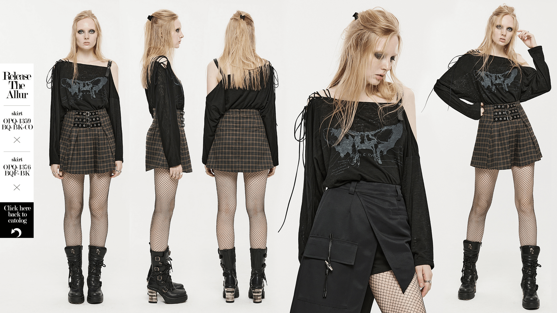 Stylish skull print off-the-shoulder top with lace-up detail, paired with punk-inspired accessories and edgy footwear.