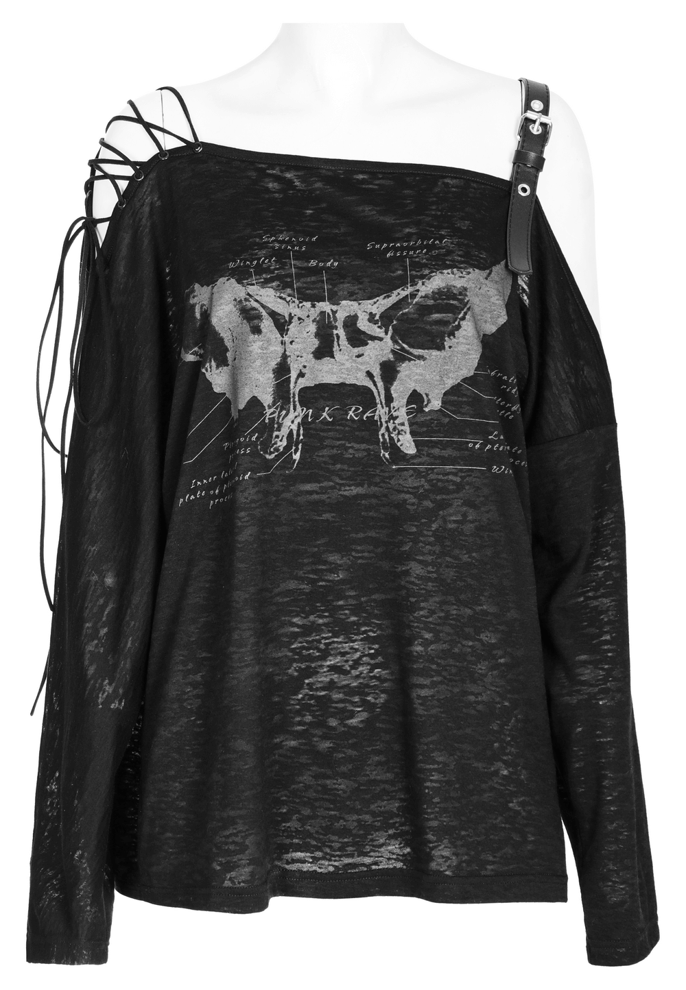 Stylish skull print off-the-shoulder long sleeve top with lace-up and leather strap details.