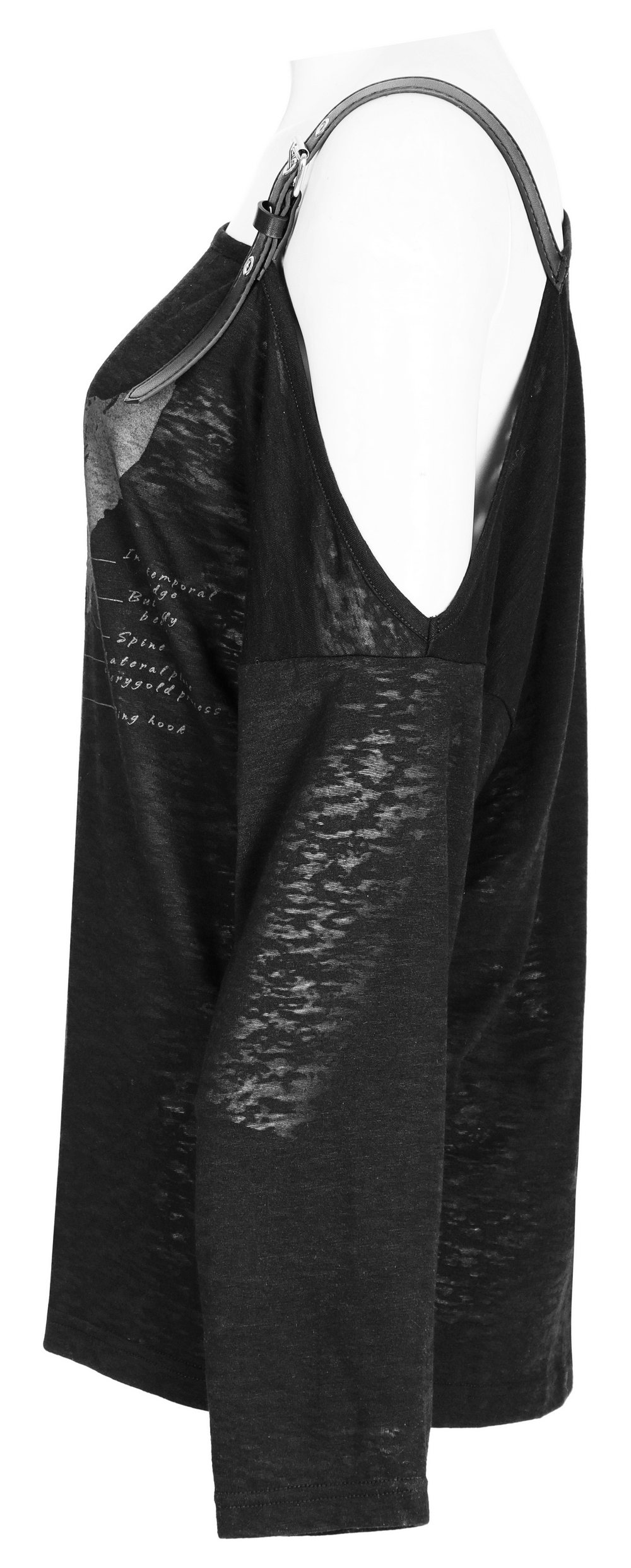 Stylish skull print off-the-shoulder long sleeve top with unique lace-up and leather strap details.