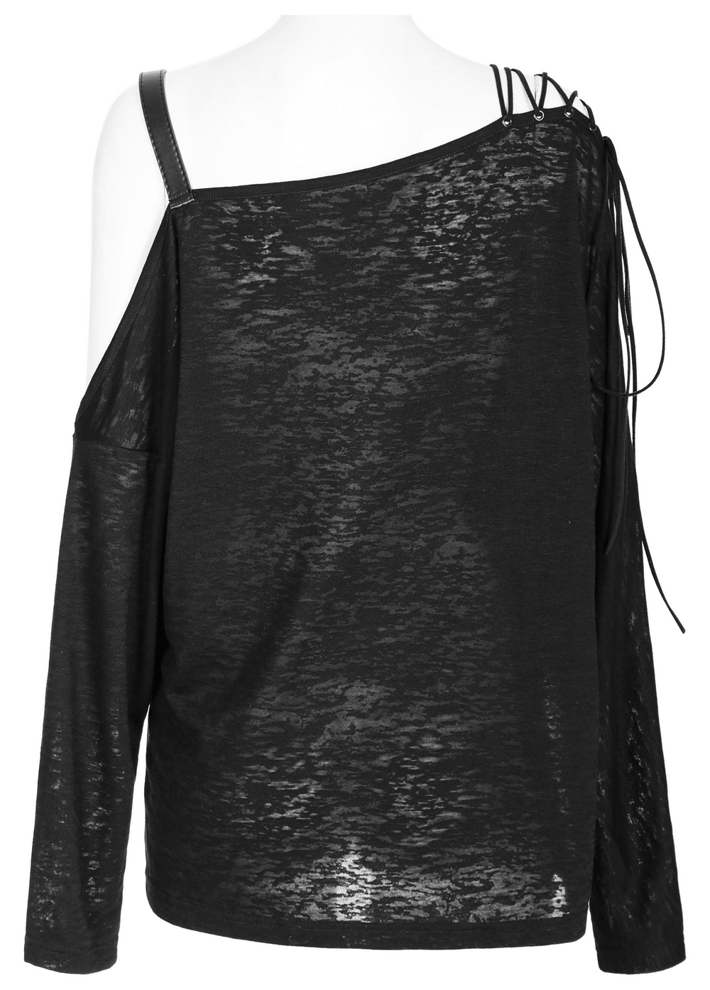 Back view of stylish punk off-the-shoulder top with lace-up detail and asymmetrical design.