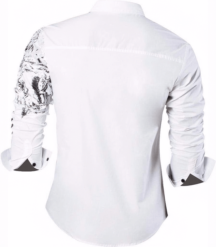 Rock-style white button-up shirt with skull dragon print on sleeve, perfect for edgy alternative fashion enthusiasts.