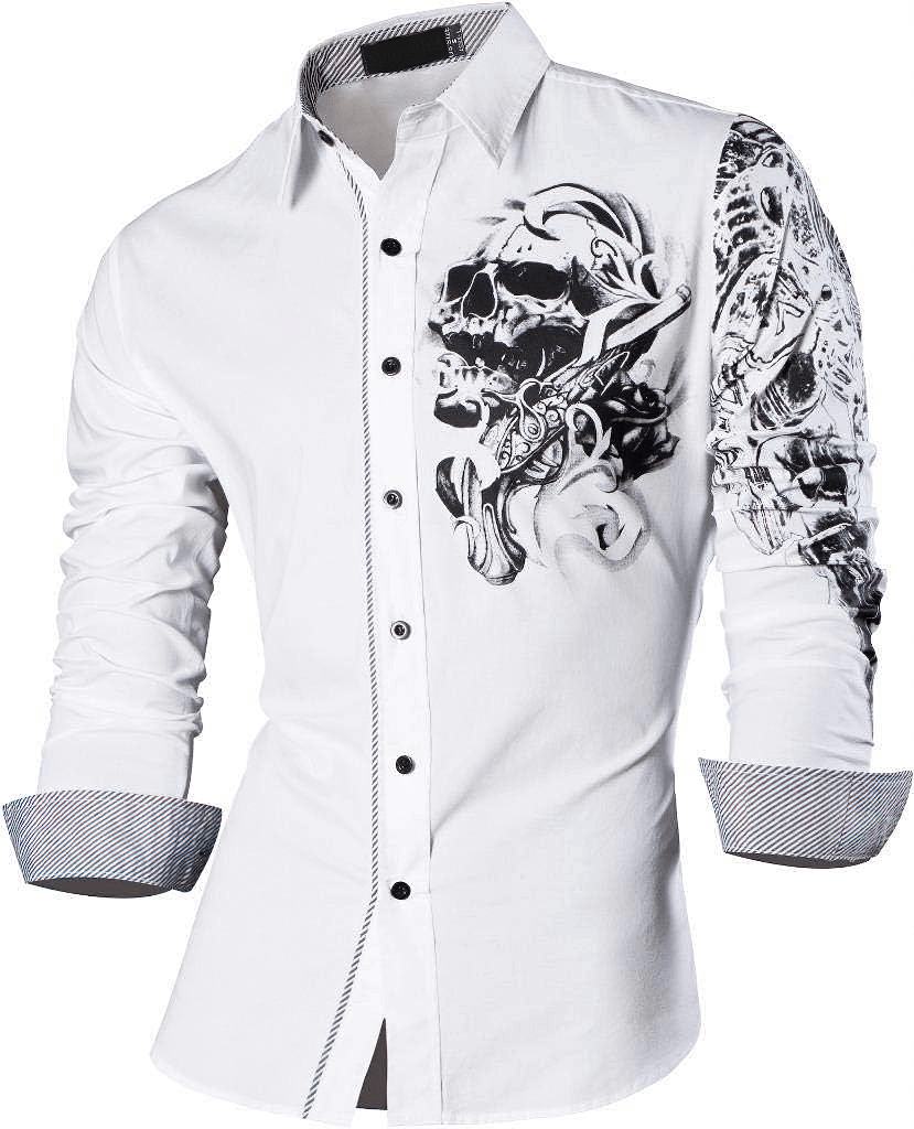 Rock style men's button-up shirt with skull and dragon print in white, featuring long sleeves and turn-down collar.