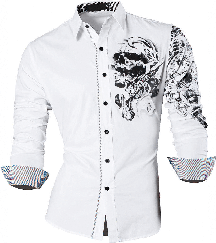 Skull dragon print shirt in white with long sleeves, button-up style for men’s alternative rock fashion.